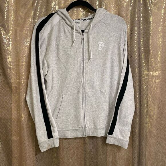 PINK Victorias Secret Gray Black White Stripe Full Zip Hoodie, L flawed - Picture 1 of 6